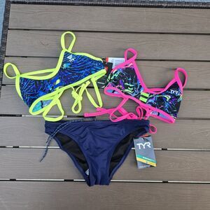 TYR Women's Mix & Match Kauai & Penello Tieback Tops & Navy Bikini Sz S New